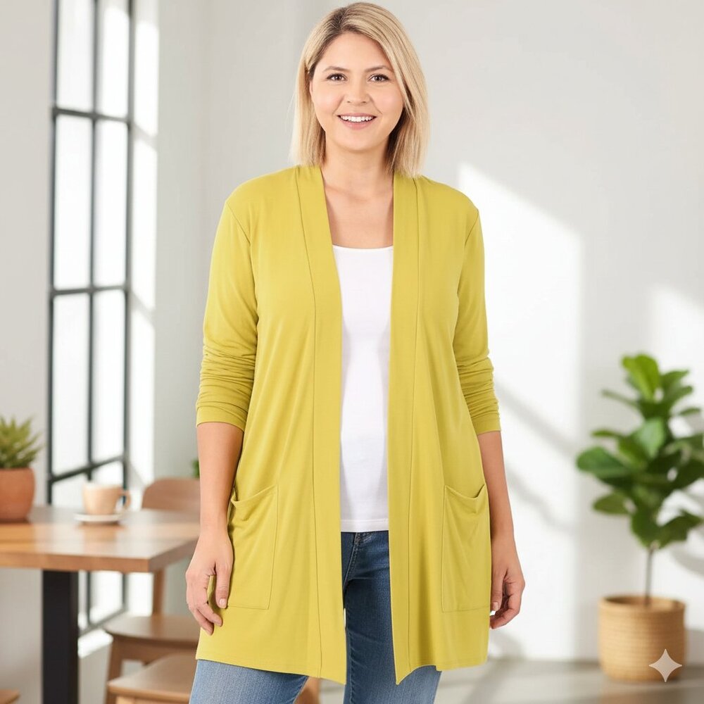 Plus Size Cardigan with Large Slouchy Pockets Color: Golden Wasabi